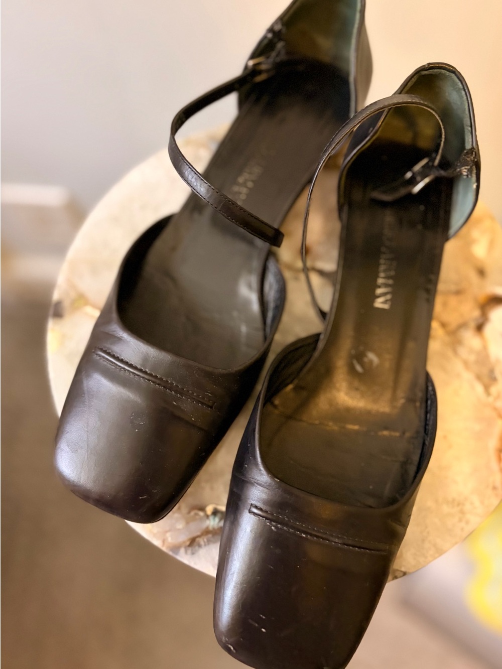 Vintage Giorgio Armani Black Square-Toe Ankle-Strap Heels